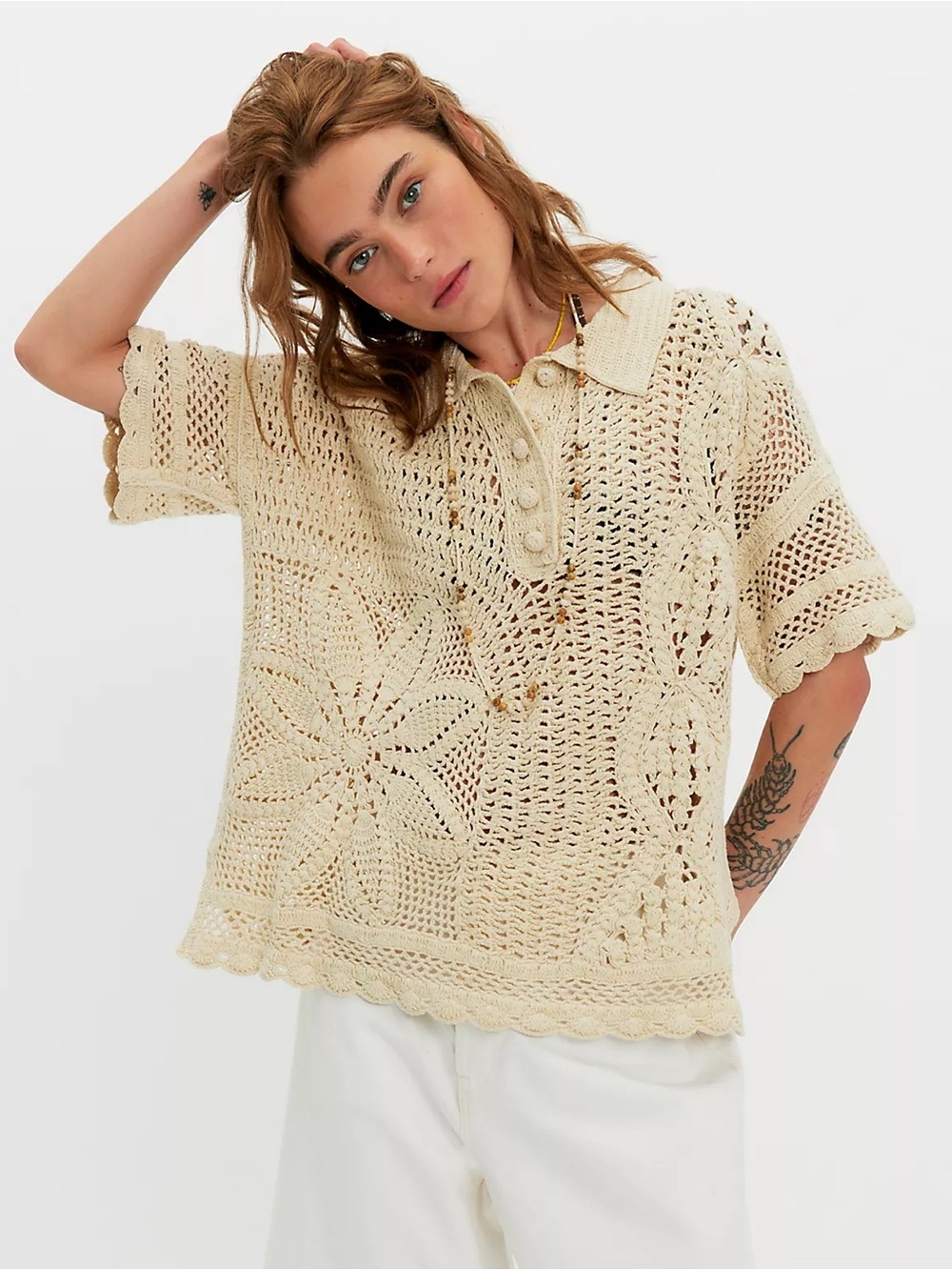 NWT Free People Dahlia Crochet Polo Shirt